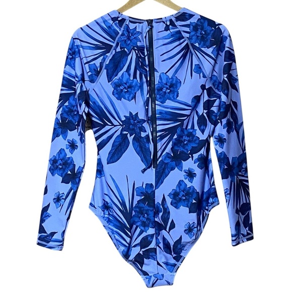 Hurley Floral Print Long Sleeve One Piece Rash Guard Swimsuit L Blue NWT - Picture 5 of 8